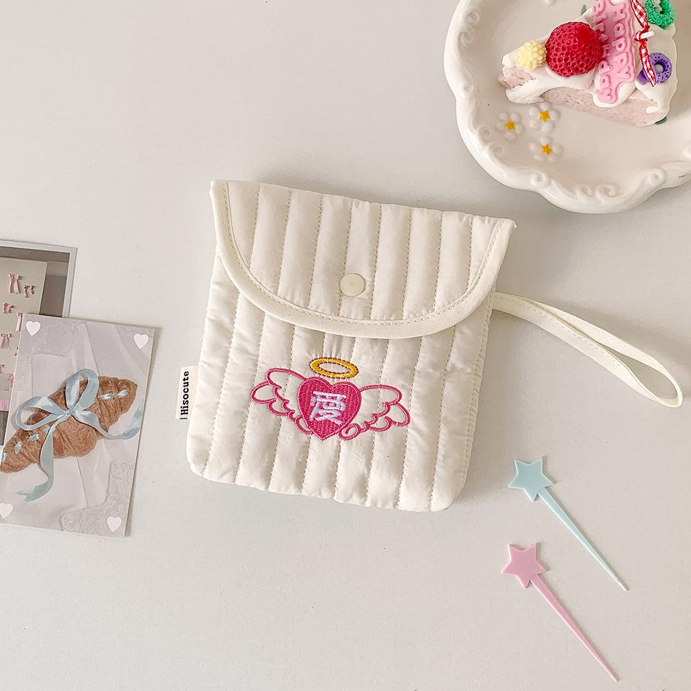 Cute Large Capacity Cherry Heart Embroidery Cosmetic Bag Menstruation Towel Storage Makeup Bag Small Item Bag Cotton Cloth