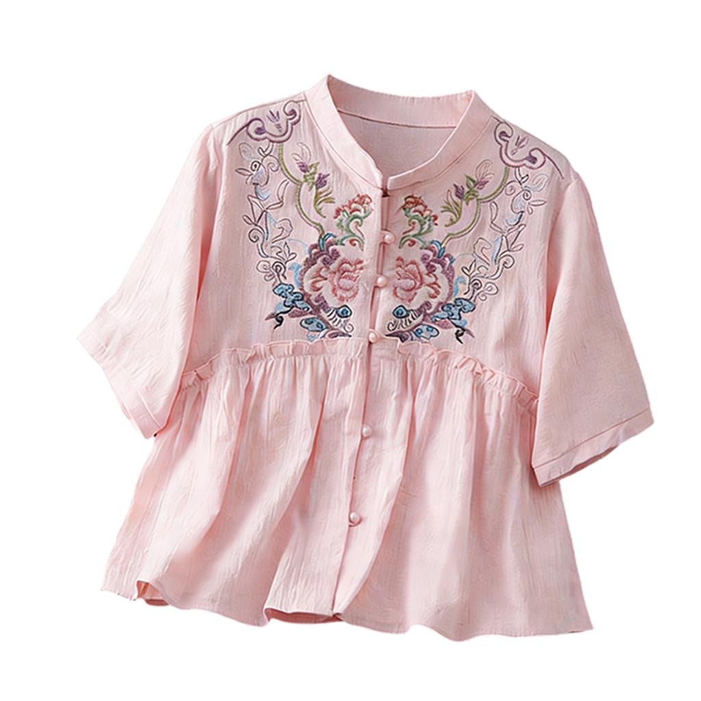 Women's Retro Loose Fit Linen Cotton Blouse With Buttons And Embroidery