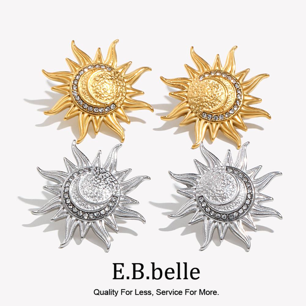 E.B.belle Stainless Steel The Sun Stud Earring Of Artistic Style With Zircon Stone Moon Creative Tarnish Free Jewelry Decoration