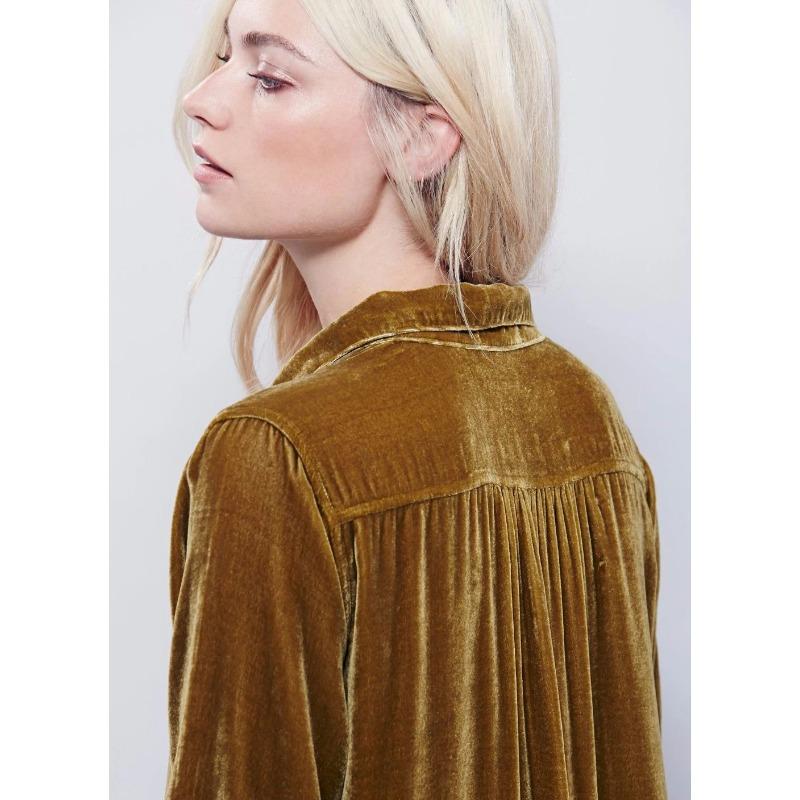 Women's Autumn New Jacket V-neck Loose Long-sleeved Golden Velvet Shirt Dresses