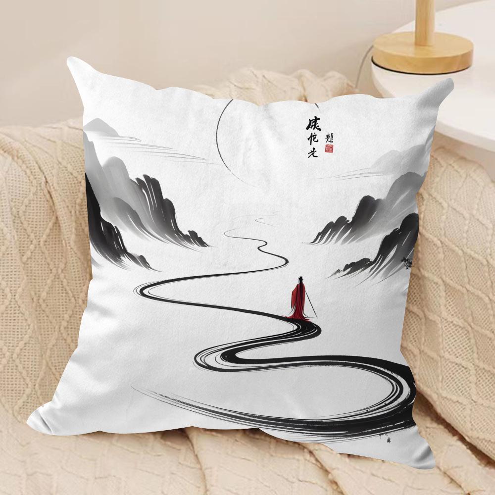 Chinese Ink Painting Style Cushion Cover Silky Short Plush Double-Sided Printed Pillow Case For Sofa All Seasons Home Decor Gift