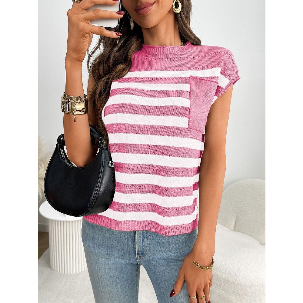 Summer New Women's Round Neck Top Knitted Casual Striped Sweater