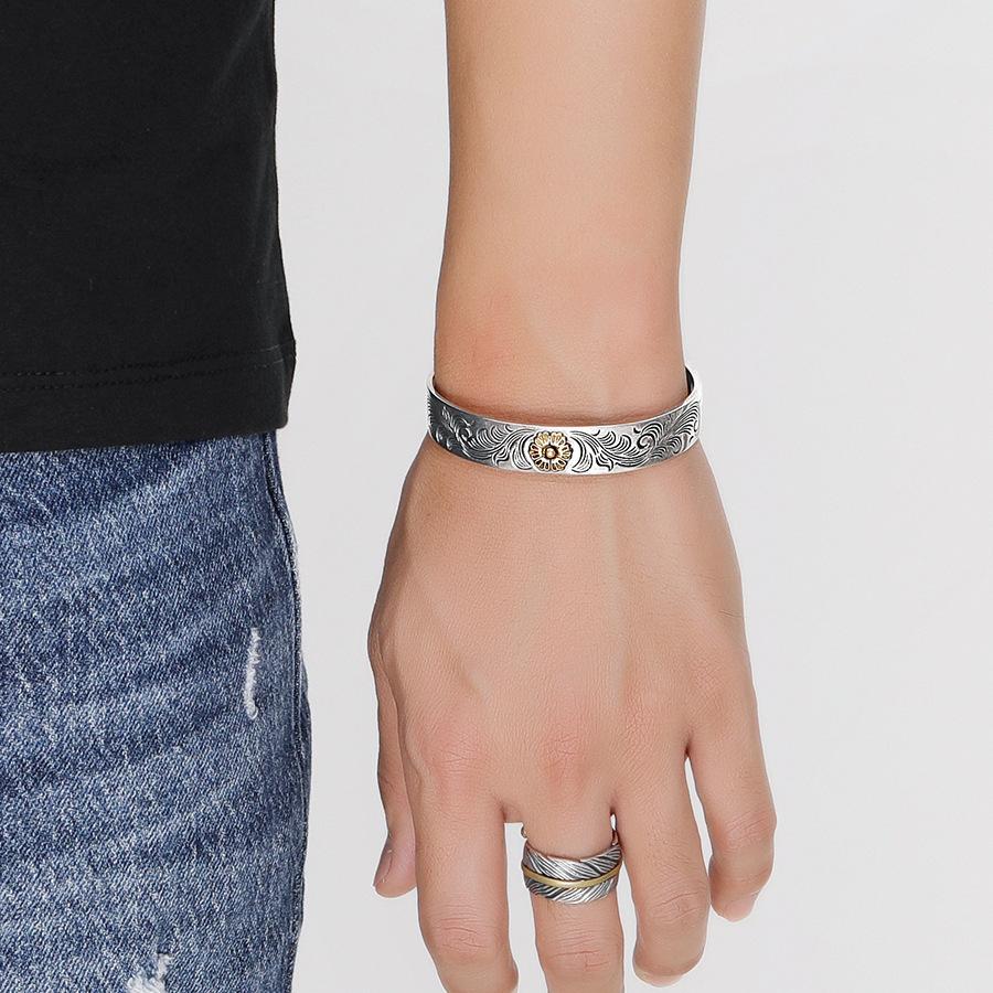 Brățară plată cu pene, personalizată, cu flori de trandafir sculptate, cu model de iarbă, purtată retro, pentru bărbați și femei