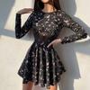 Women's Long Sleeved Summer Round Neck Floral Dress Sexy Mesh Hollow Out Short Skirt Hollow Out Patchwork Dress