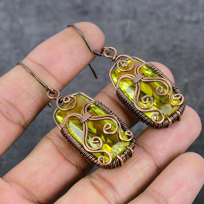 Natural Peridot Gemstone Copper Wire Wrap Gift Jewelry Earring 2.56" J4R95