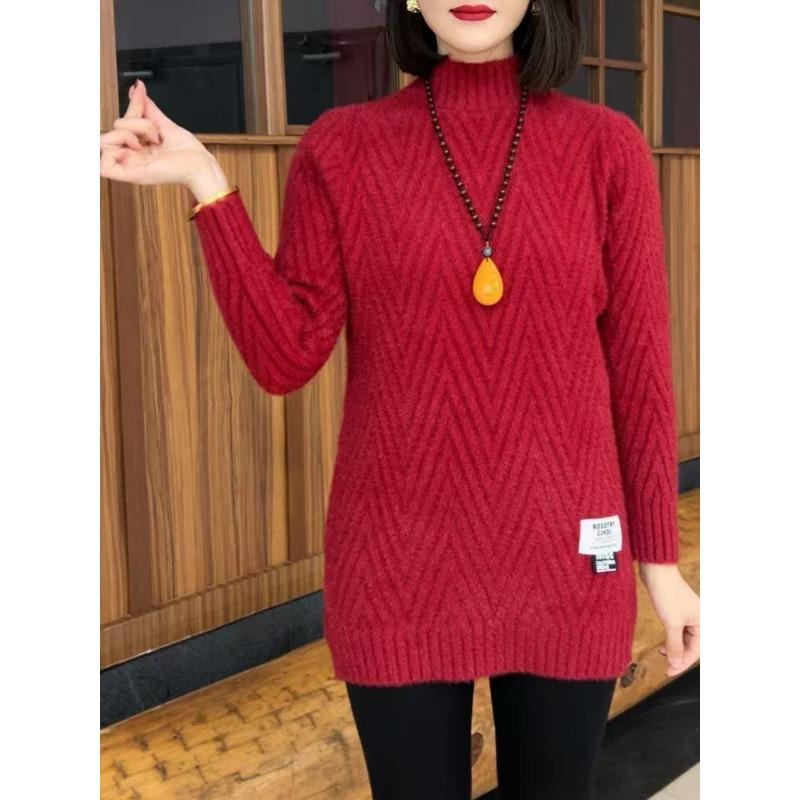 

Осенне-зимняя одежда Свитер средней длины Для женщин среднего и пожилого возраста Свободный Зарубежный стиль Утолщенный Базовый топ M красный