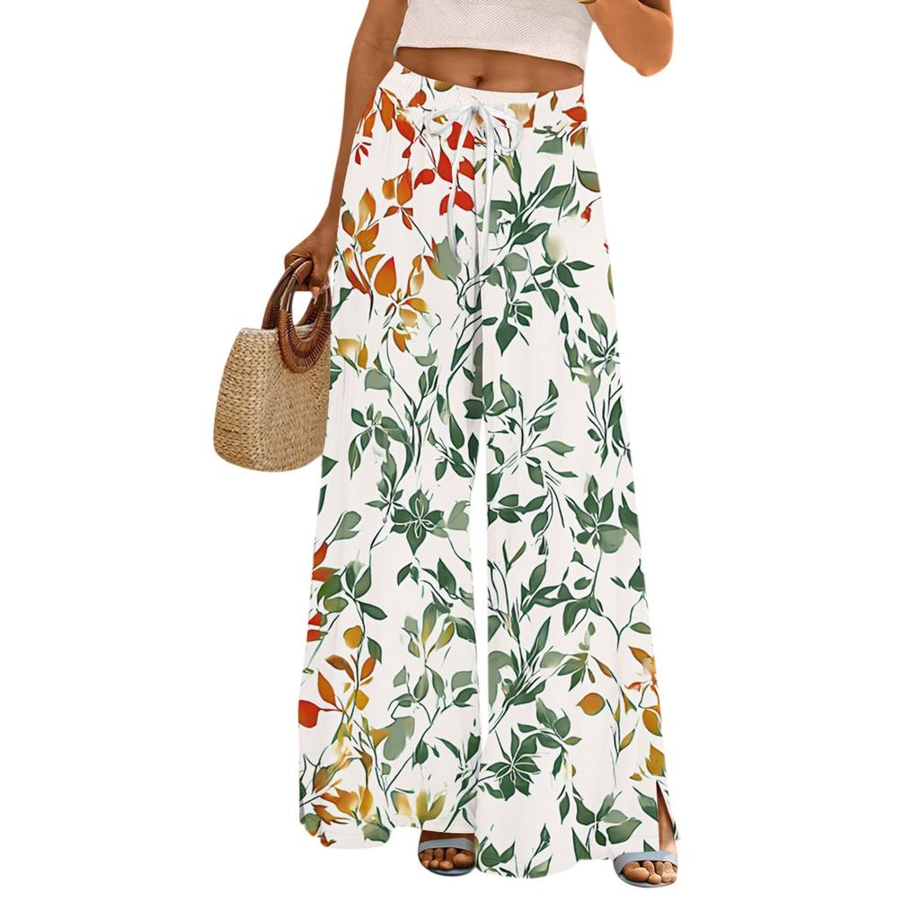 Women's Casual Wide Leg Pants Stretch Belt Pocket Floral Print Adjustable Tie Pants