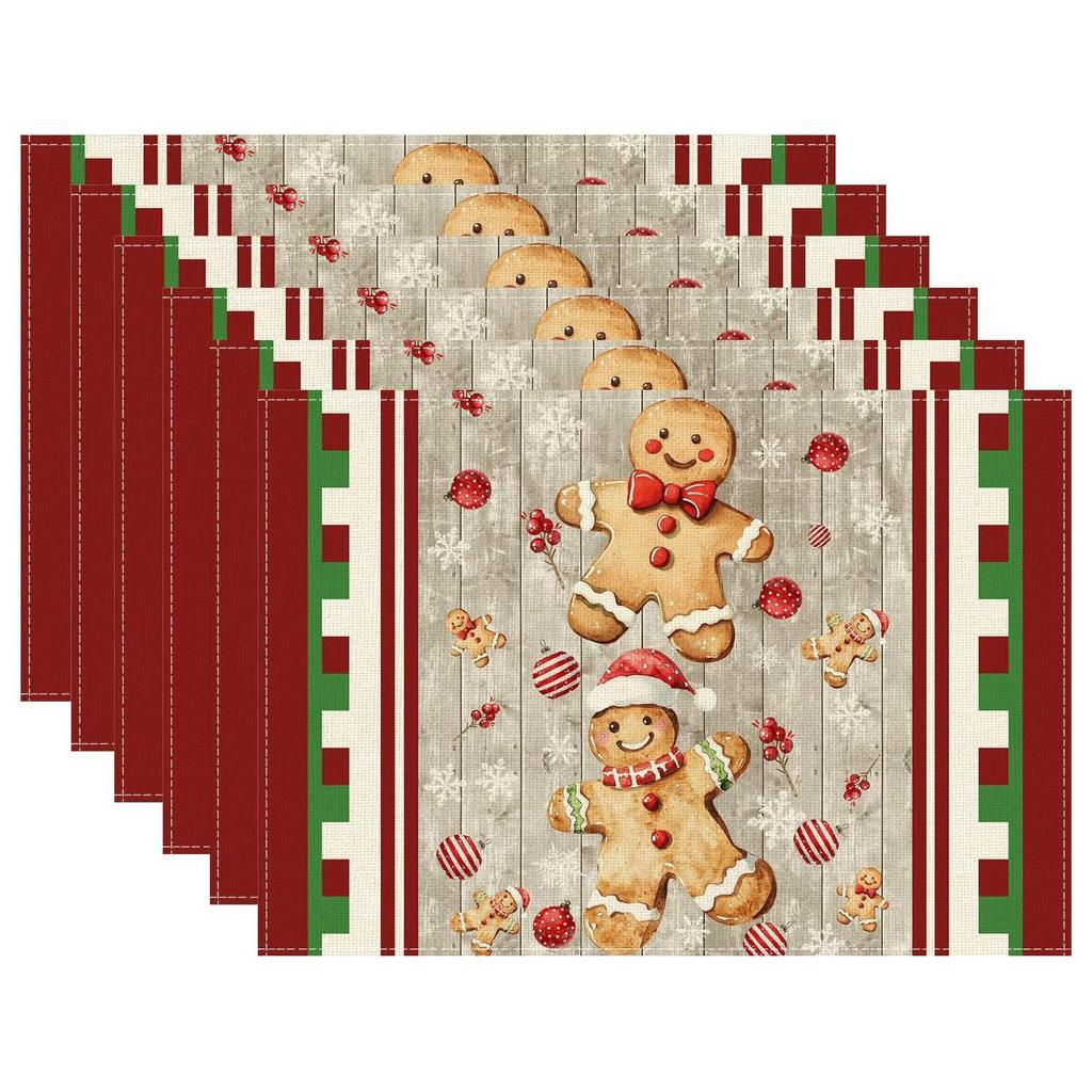 4/6pcs Set Red Gingerbread Man Christmas Winter Xmas Placemats Table Mats for Party Home Kitchen Dining Table Decorations 12X18 Inch
