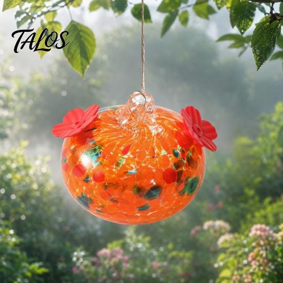 Talos Blown Glass Hummingbird Feeder, Outdoor Hanging Colorful Nectar Feeder with Two Flower Feeding Ports for Garden Backyard Decor