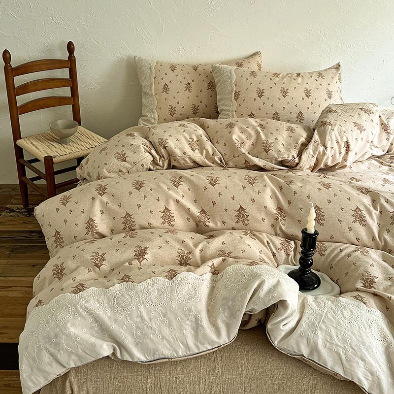 4pcs Vintage Lace Style Bedding Set Nordic Floral Duvet Cover Set Flat Sheet Twin Double Size Bed Sheet Set For Bedroom Decor