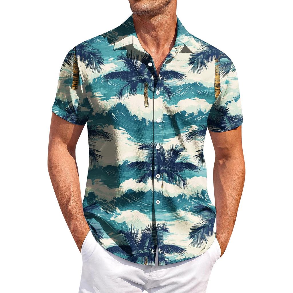 Herren Casual Kurzarmhemd Slim Fit Stilvoller Herren Hawaiian Print