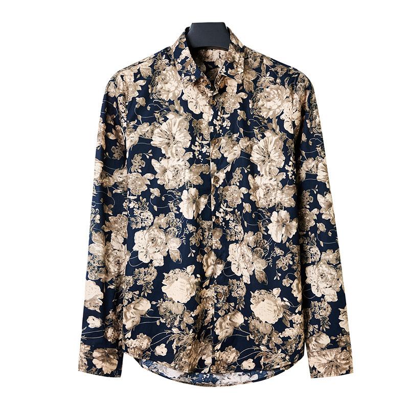 Men's Floral Long-Sleeve Dress Shirts Button Down Breathable Casual Vintage Printed Shirts Wrinkle-Free Solid Oxford Business Shirt for Men