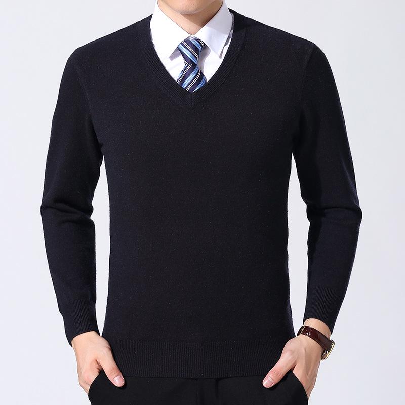 Men's V-Neck Winter Knit Sweater - Middle-Aged Thick & Warm Pullover