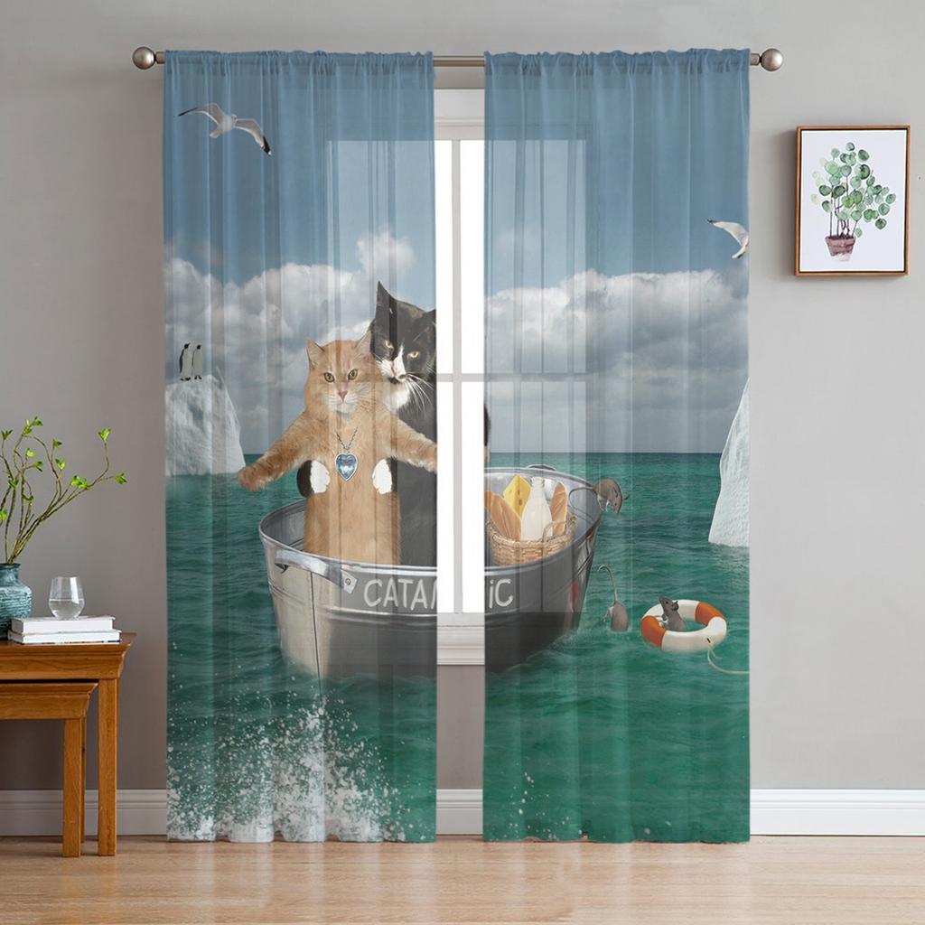 Cartoon Cat Kitty Drapes for Living Room Bedroom Kitchen Decoration Contemporary Kawaii Animal Pet Chiffon Sheer Curtain