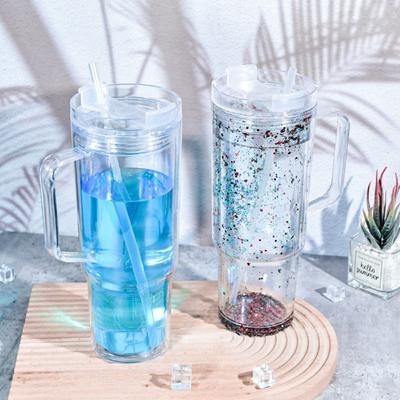 40 Oz Capacity Snowglobe Tumbler with Handle Pre-Drilled Holes Plastic Clear Cups DIY Transparent Glitter Snow Globe Drinkware