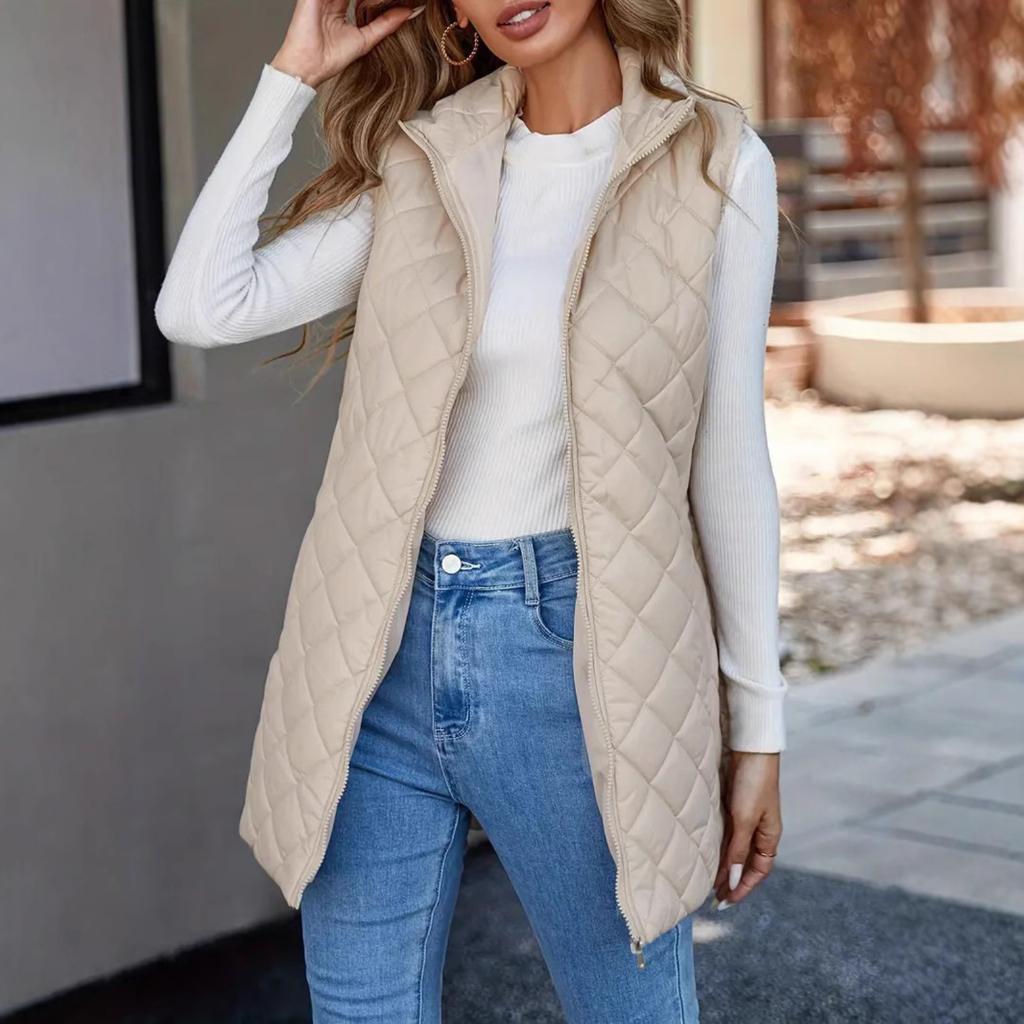 Lightweight And Warm Down-filled Cotton Collared Vest, Mid-length Coat, Elegant Loose Sleeveless Jacket For Women.