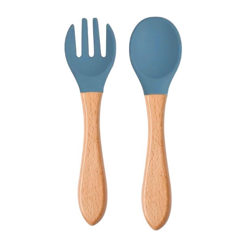 Child's Wooden Handle Silicone Fork & Spoon Set for Learning to Eat