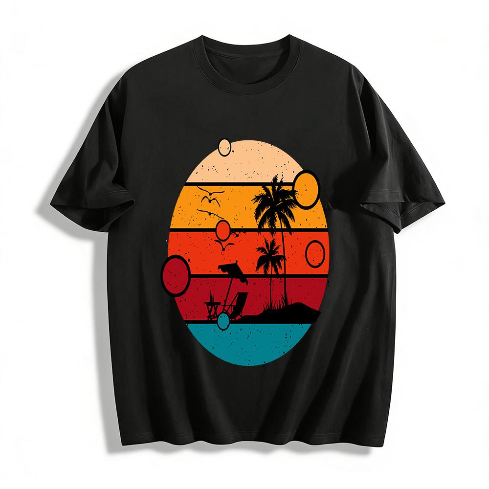 Vintage Sunset Beach Vacation Style Printed Casual T-Shirt Pure cotton T-shirt