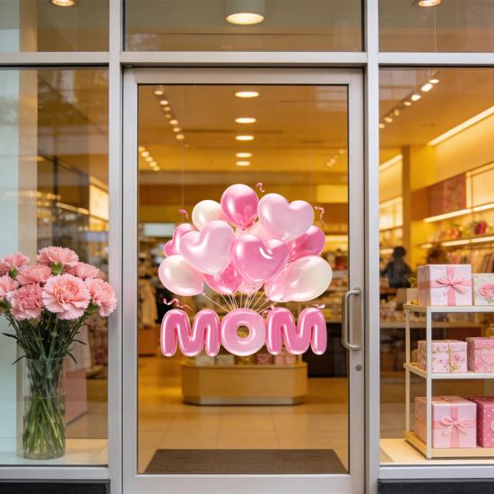 Muttertag Fensteraufkleber Wasserdicht Rosa Herzen Ballons Dekorativer Aufkleber Statische Glasaufkleber für Zuhause Büro Geschäft Glastür