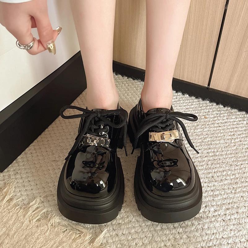 Women's Loafers Platform Sole Lace-up Sponge Cake Base Small Leather Shoes Dress Leisure Retro British Style Zapatillas De Mujer