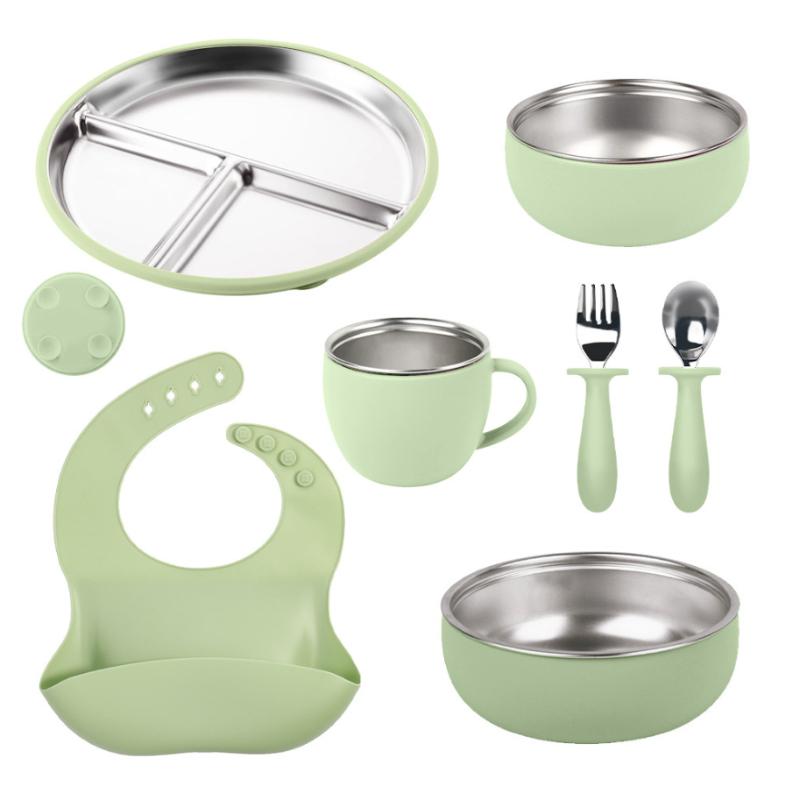 7-Piece Children's Dishes Set Baby Stainless Silicone Tableware Set Suction Cups Forks Spoons Mother and Baby Supplies