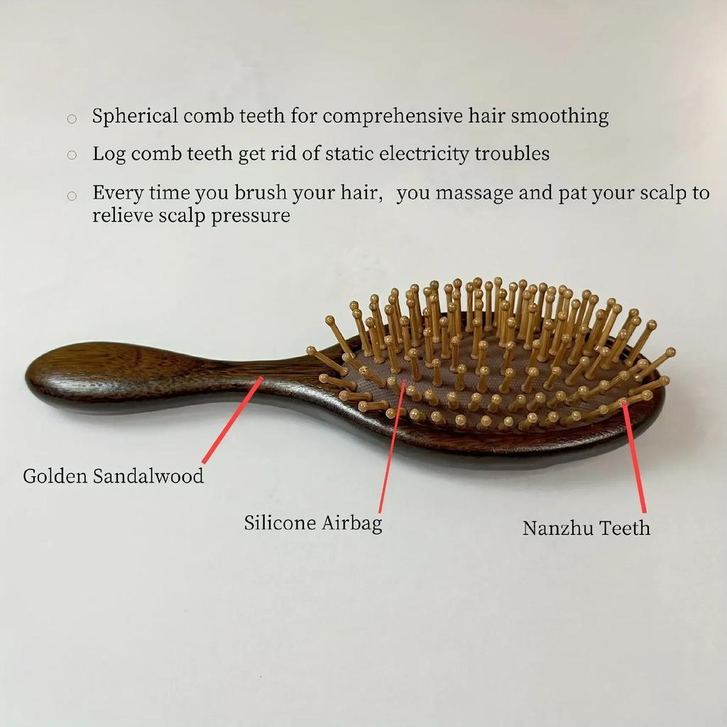 1pc Sandalwood Hand Carved Air Cushion Comb with Bamboo Teeth, Oval Scalp Massage Brush for All Hair Types, Wooden Hair Styling