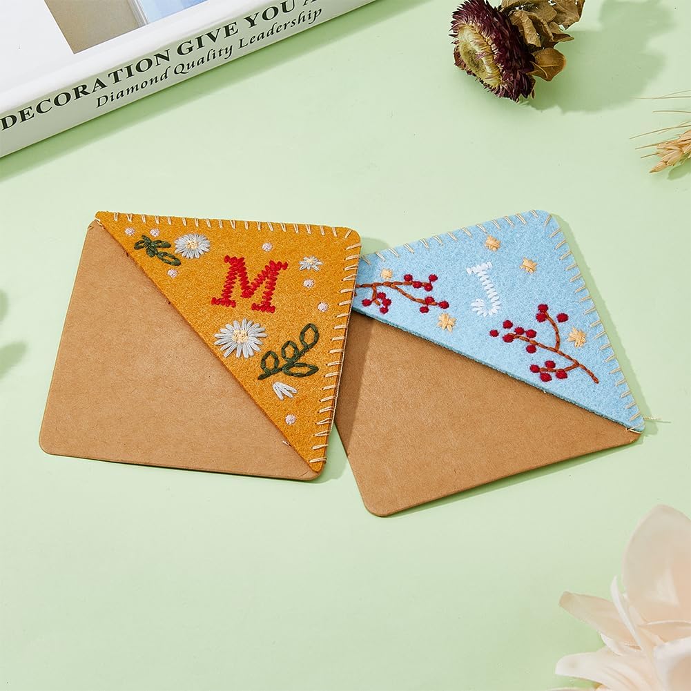 2 Styles Embroidered Corner Bookmark Hand Stitched Felt Corner Letter Bookmark Cute Flower Letter Embroidery Bookmarks Letter M J Triangle Bookmarks