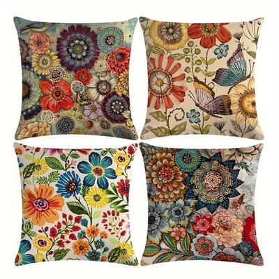 1 Stück Leinen Mexikanische Elemente Blumenmischung Kissenbezug Schmetterlinge Blumen Kissenbezug Heimdeko Kissenbezug