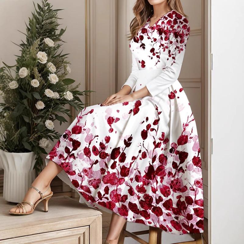 GMXIA Women's Floral Printed V-Neck 9/10 Sleeve Casual Dress with Big Hem