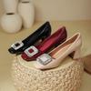 French Thick Heel Light Mouth Single Shoes Spring and Autumn Red Wedding Shoes Rhinestone Square Buckle Nude Square Head High Heels