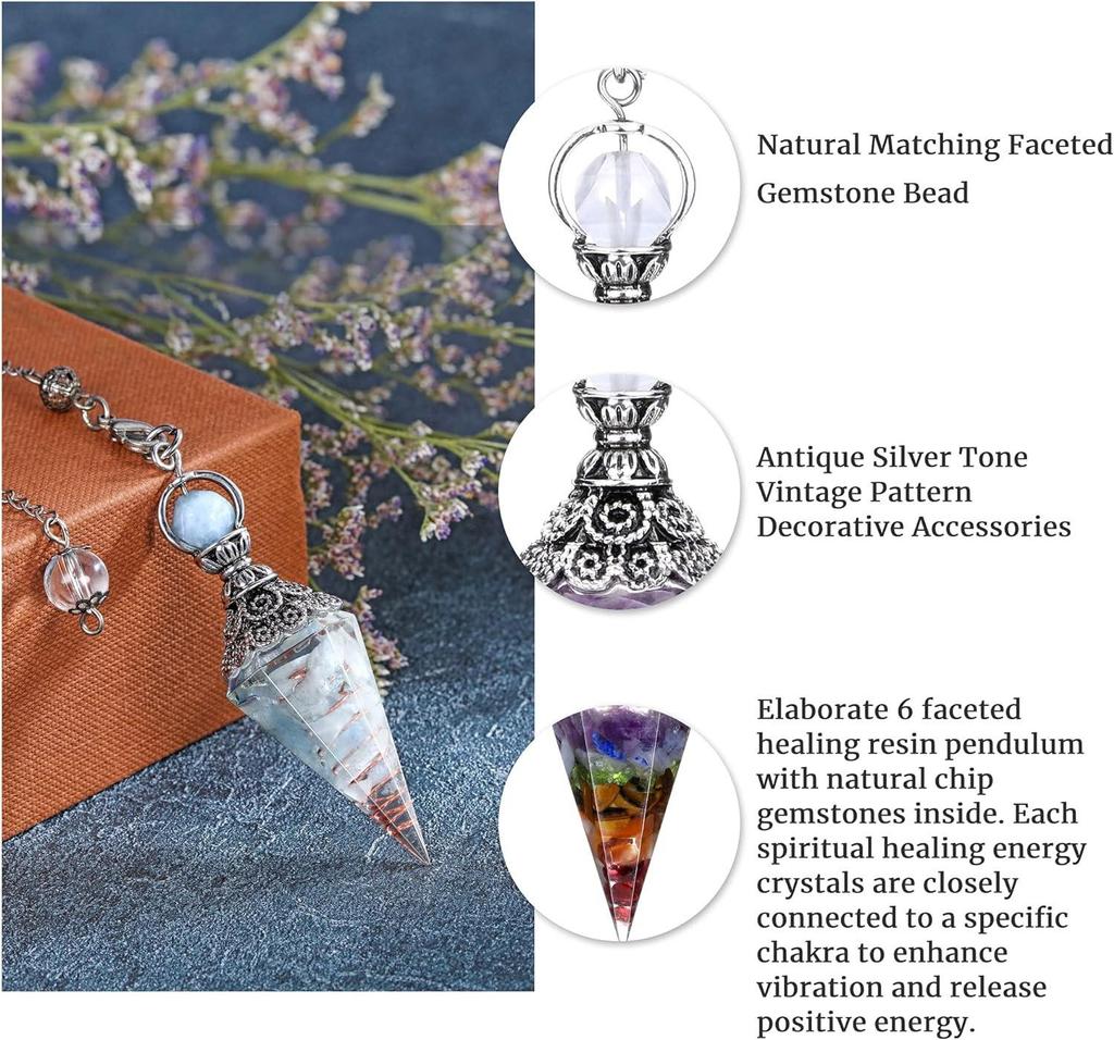Antique Silver Seven Chakra Crystal Resin Pendulum with Semi-Precious Chips Pendant