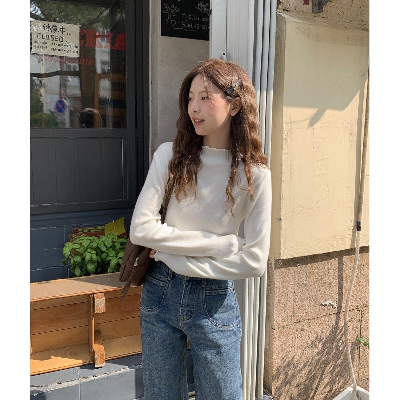 Core-spun yarn autumn lace semi-turtleneck knitted sweater autumn new sweet bottoming shirt with top