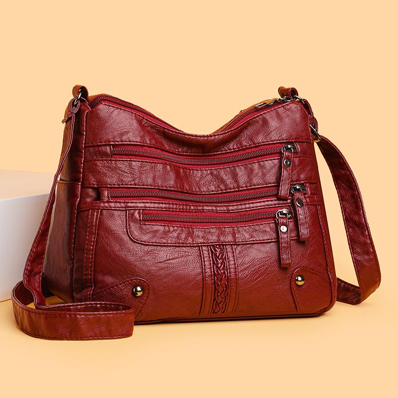 Multi-Pocket-Muttertasche mittleren Alters Große Kapazität Mehrschichtige Umhängetasche aus weichem Leder für Damen