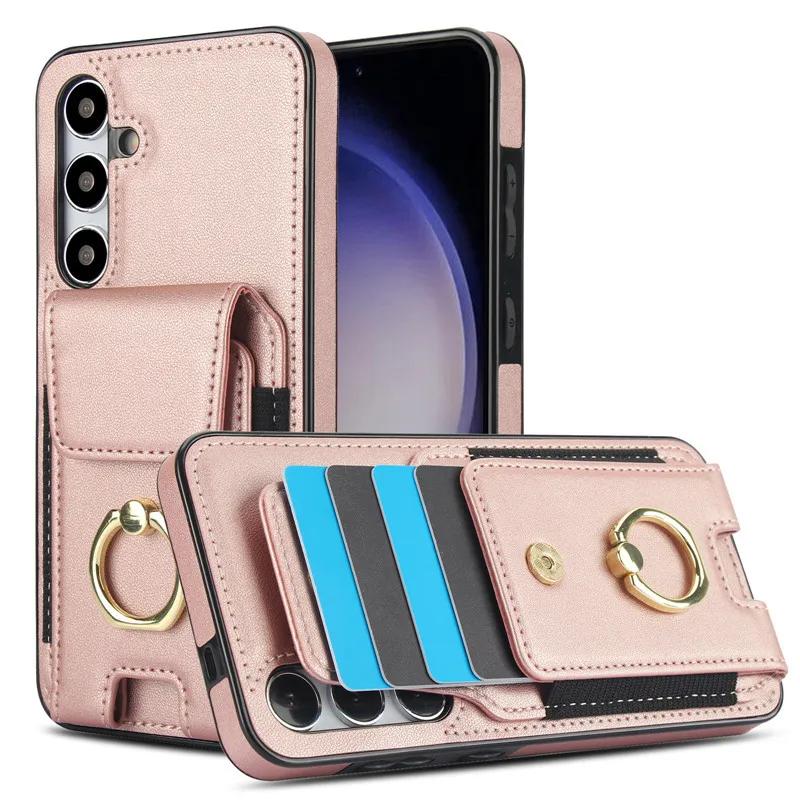 Ring Leather Wallet Card Phone Case for Samsung Galaxy S25 Edge S24 Ultra S23 Plus S22 S21 FE Note 20 10 Flip Stand Cover