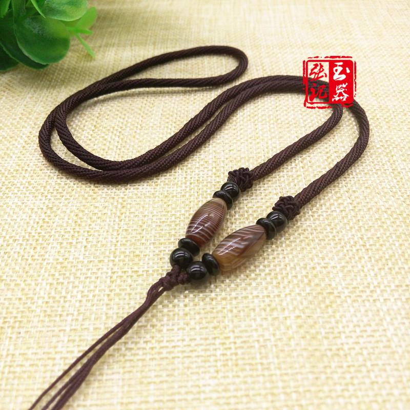 Jade Silk-Wrapped Agate Bead Ethnic Necklace - Long Sweater Chain with Woven Rope Pendant
