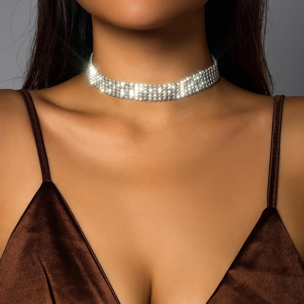 Jewelry, personalized wide-sided flash diamond show necklace, exaggerated full diamond bundle neck collar choker woman