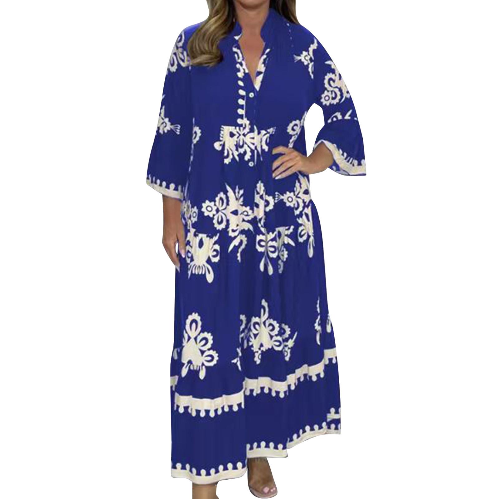 

Женское платье с цветочным принтом и высокой талией, модное и элегантное XL синий