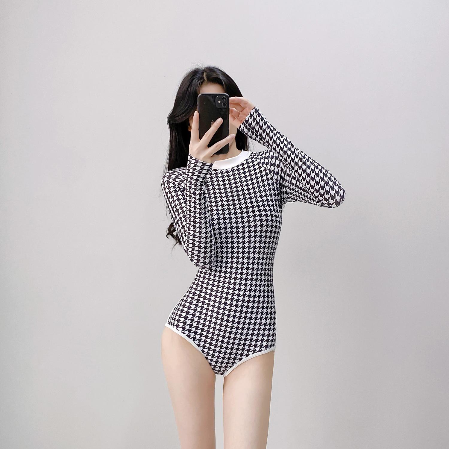 

Source swimsuit sexy and thin belly cover long sleeves conservative fashion print thousand bird grid one-piece swimsuit M