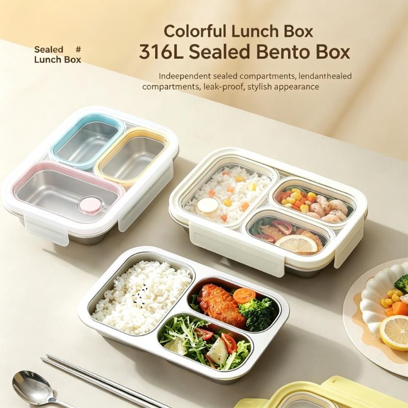 Clear Lid Lunch Box with 316L Steel Tray, 3 Section Food Container, 0.8 Liter Capacity for Daily Lunch Use by Adults
