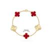 Bracciale da donna di alta qualità in oro rosa 18k, laser bianco, madreperla, calcedonio rosso, 15mm, quadrifoglio, cinque fiori