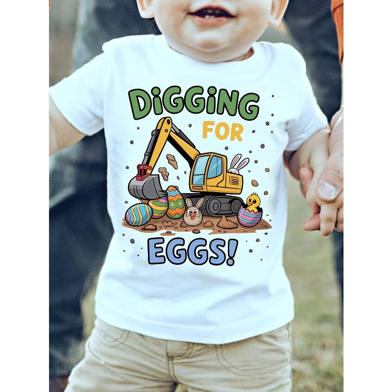 European sizes Easter WML Boys "Digging for Eggs" Fashion Egg Digger Print Casual Spring/Summer Short Sleeve T-Shirt