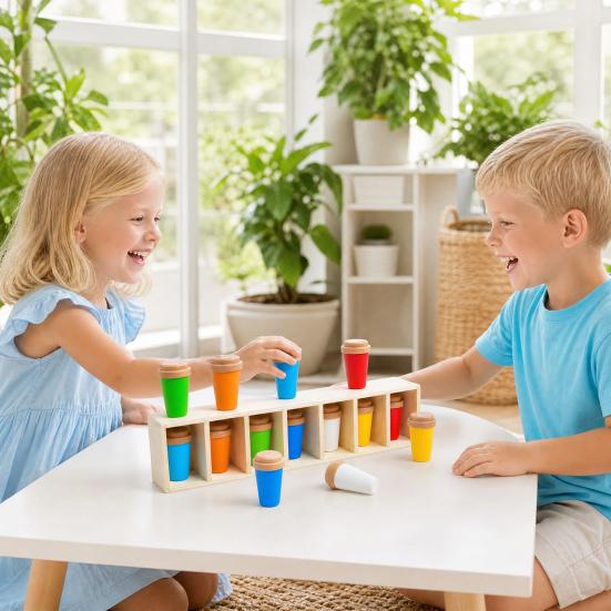 Yousheng Bottle Color Matching Board Game, Memory Challenge Toy with 14 Colorful Bottles & Wooden Storage Rack, 2-4 Players Family Night Drink Color