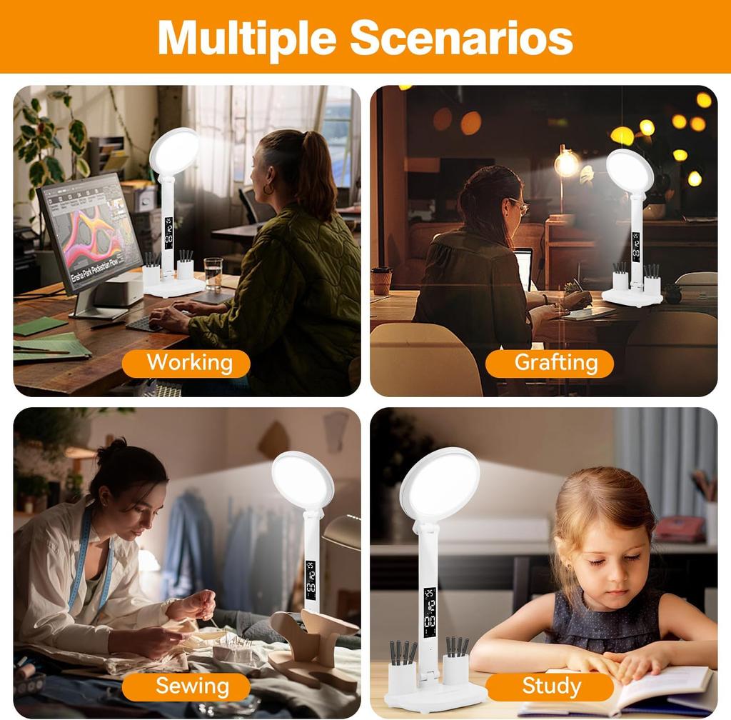 Rechargeable Table Lamp for Study, Desk Lamp Reading Light Led Table Light with Fan, Led Clock Dispaly Reading Lamp