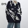 Men Cardigan Sweater Retro American Style V Neck Loose Single-breasted Contrast Color Knitted Sweater Coat Hip Hop Style Streetwear Jacket
