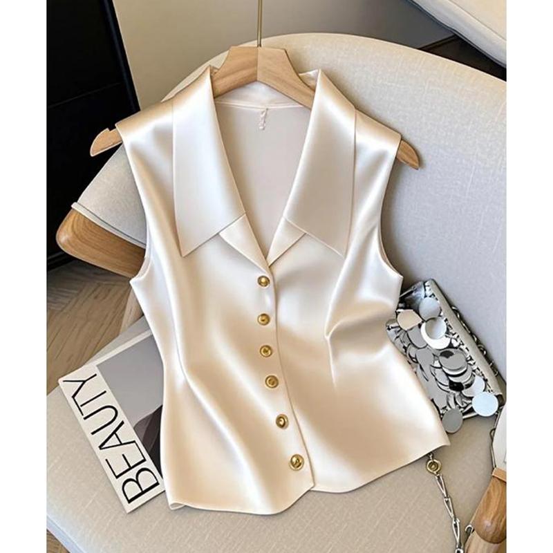 

элегантные однотонные топы-безрукавки женские летние повседневные однобортные жилеты для женщин 2025 L белый