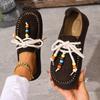 Fashion Women's Slip-On Loafers Soft Bottom Suede Leather Ethnic Style Flats Beaded Lace Up Casual Comfortable Footwear Autumn Shoes