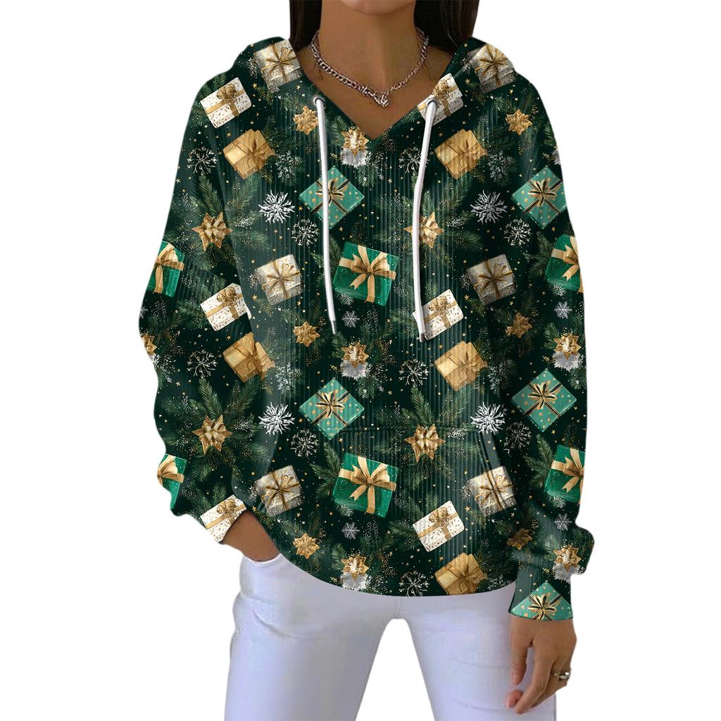 Women's Loose Comfortable Casual Fashion V-Neck Christmas Print Long Sleeve Hoodie