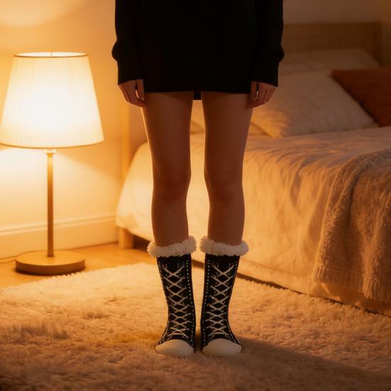 1 Pair Sleeping Socks Non-Slip Silicone Grip Soles Mid-tube Floor Socks Thickened Fleece Lining Indoor Socks