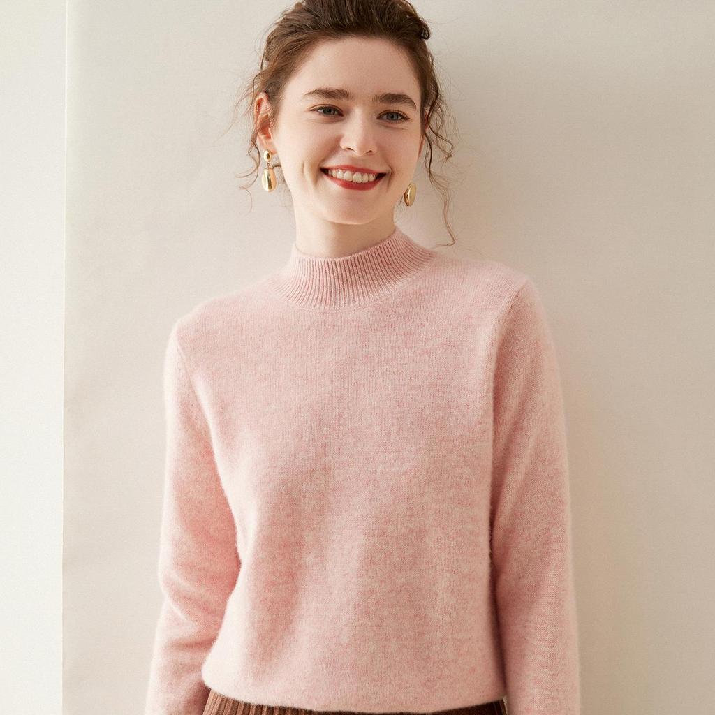 Women's Double-Strand Cashmere Half-High Collar Sweater – Autumn & Winter Loose Long Sleeve Knit Pullover