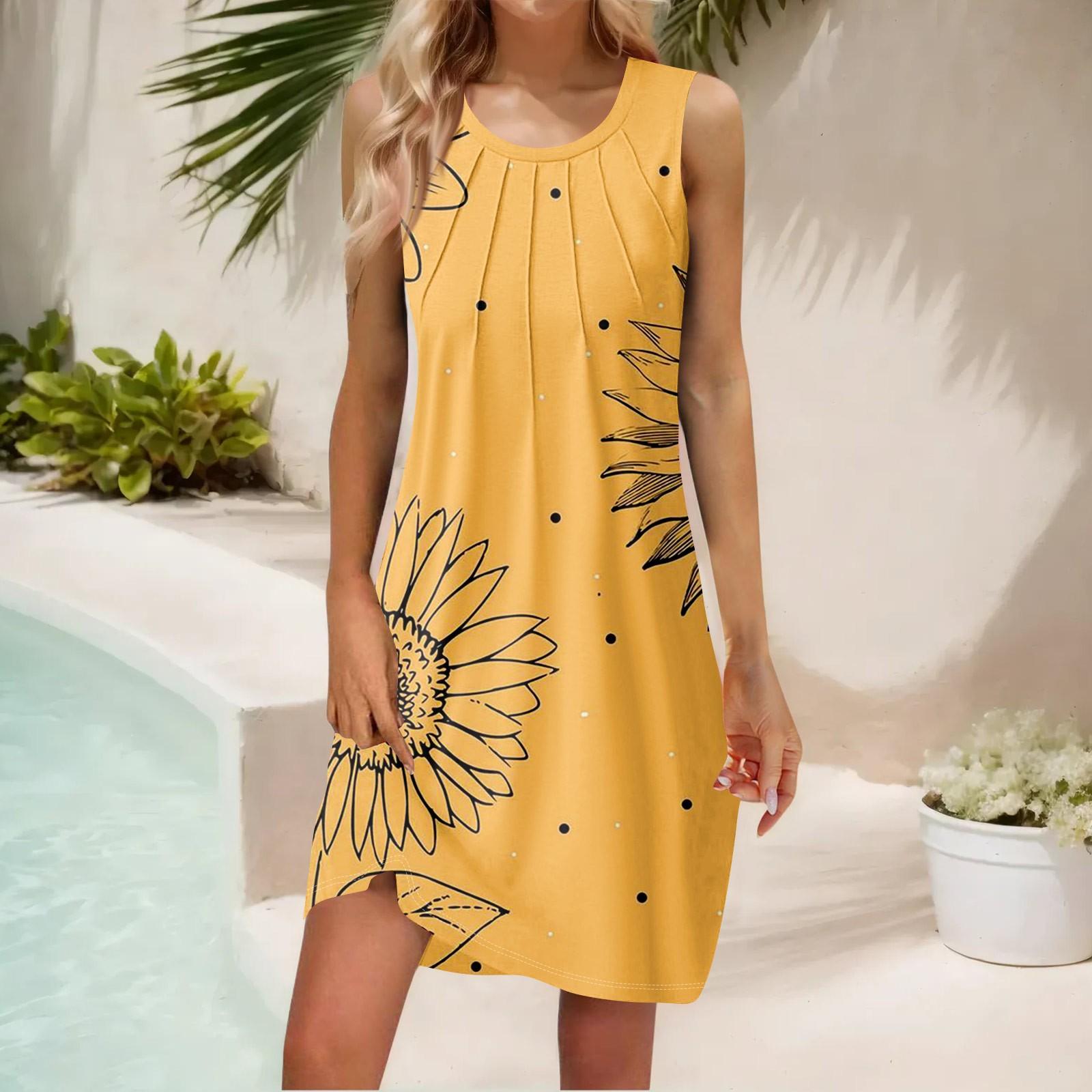 

Женские летние повседневные платья без рукавов с принтом и U-образным вырезом XL жёлтый